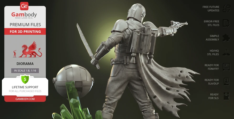 A 3D model of armored warrior with cape holding a weapon, accompanied by a floating spherical droid.