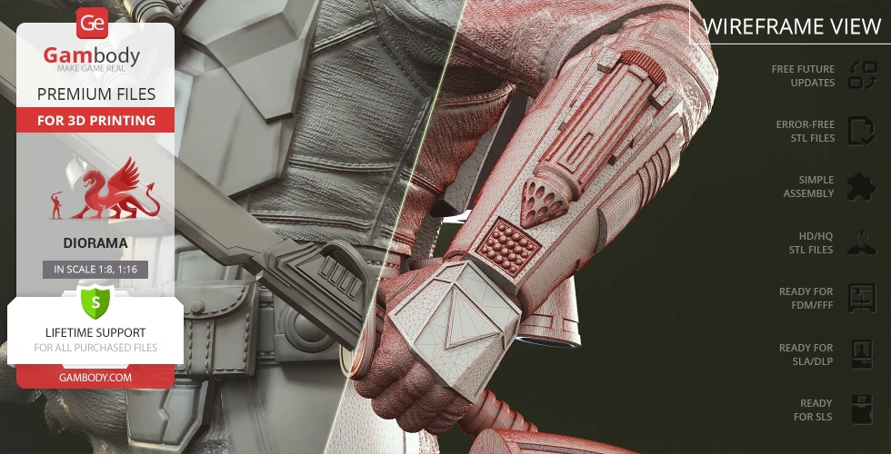 Detailed 3D model of an armored figure holding a staff, showcasing armor texture and wireframe.