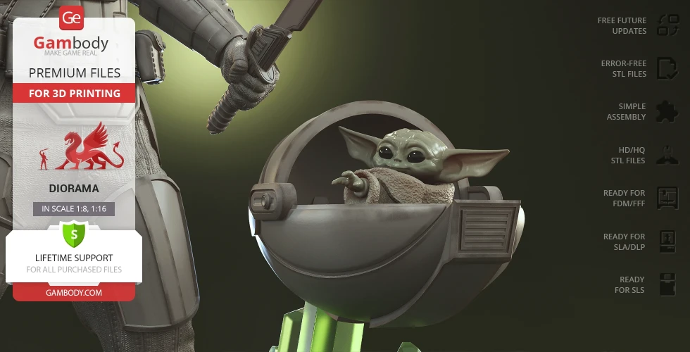 A 3D model of an armored figure with a childlike alien in a floating pod, available for 3D printing.