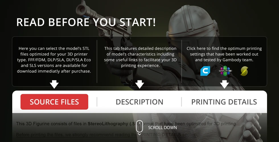 The Mandalorian figure with text on selecting and printing 3D STL files from Gambody platform.