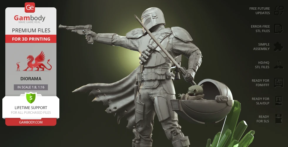 A detailed Mandalorian figure with Grogu in a pod, designed for 3D printing from Gambody.
