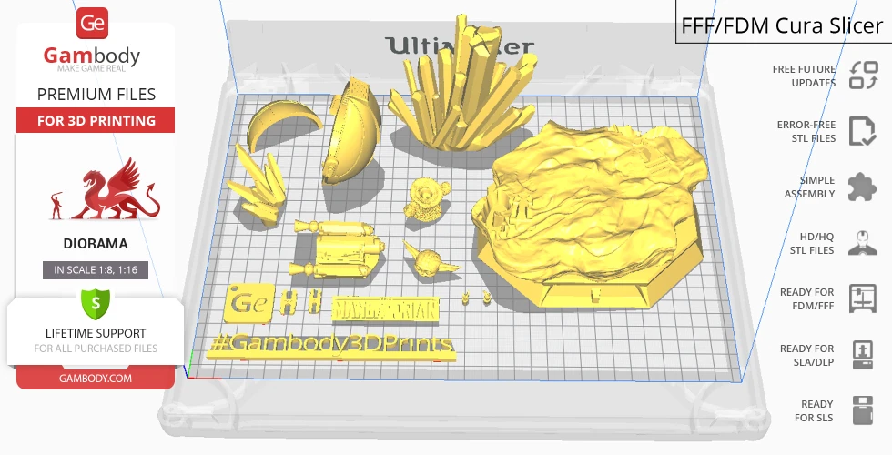 3D print files for a Mandalorian and Grogu diorama, showing various detailed parts on a build plate.