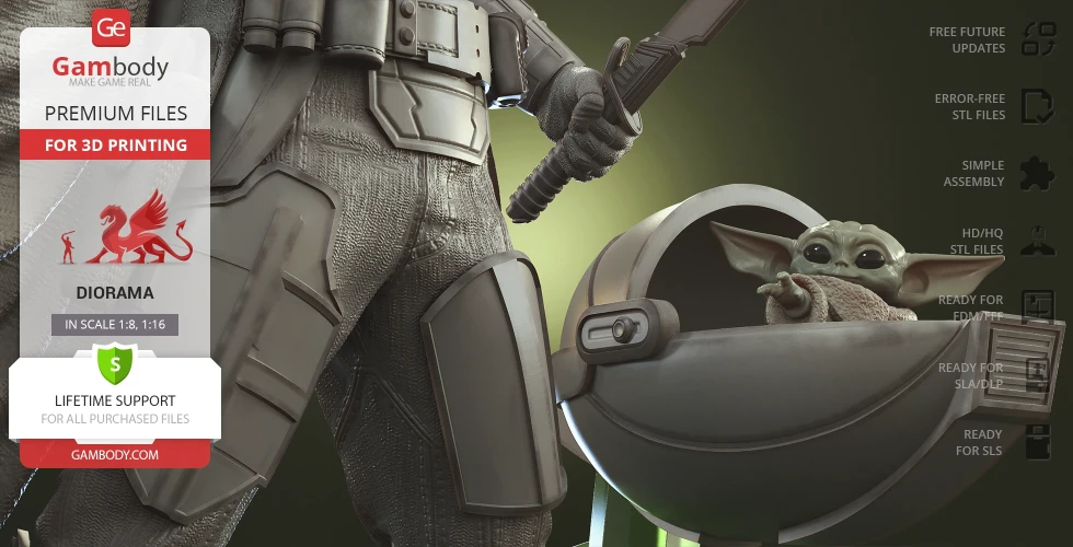 A detailed 3D-printing model of a warrior in armor with a child-like alien in a futuristic pod.