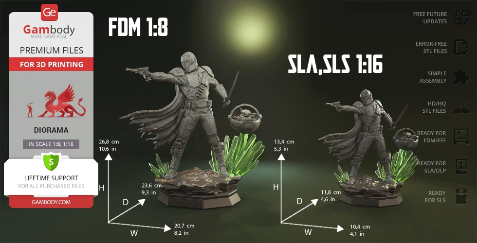 The Mandalorian and Grogu diorama STL models for 3D printing, shown in two scales with measurements.