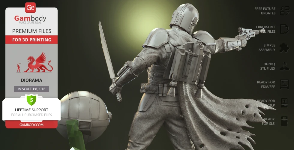 A detailed 3D model of an armored figure with a cape and small alien companion, ready for 3D printing.