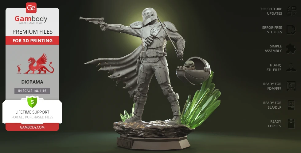 A 3D model of a warrior and a floating pod, set on a rocky base with green crystals, designed for printing.