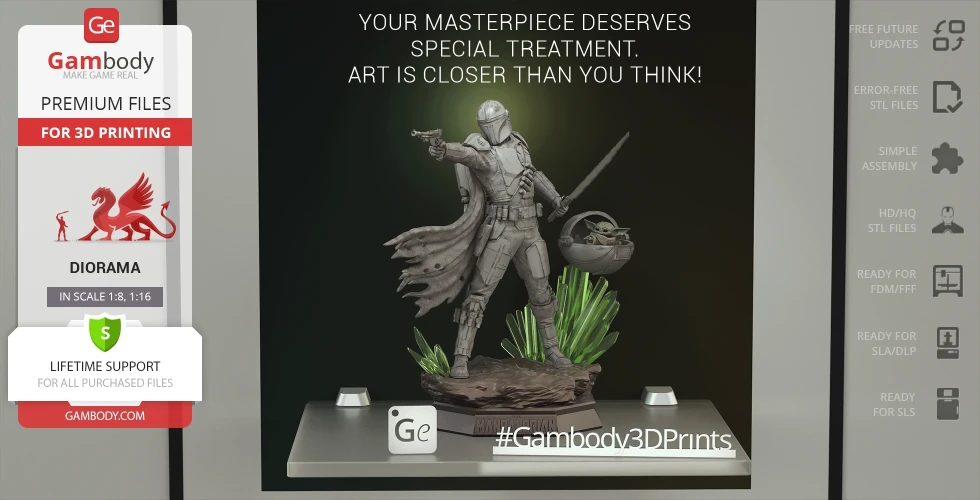 3D model of a Mandalorian and Grogu diorama, showcasing detailed design for 3D printing.