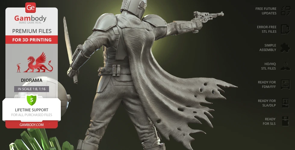 A Mandalorian character model with Grogu, featuring detailed armor and flowing cape, ready for 3D printing.