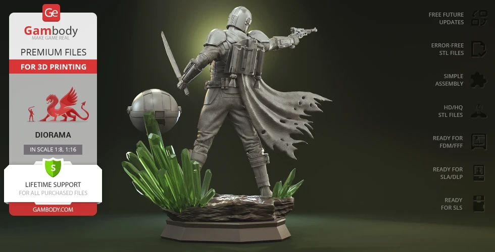 3D model of a warrior in armor with a blaster and a floating orb on a grassy base, designed for printing.