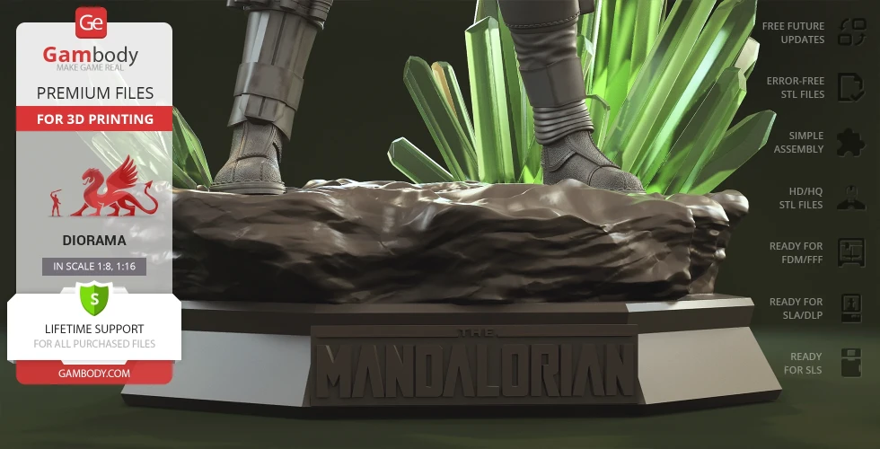 A diorama base with feet of a character, labeled as The Mandalorian, surrounded by stylized green crystals.