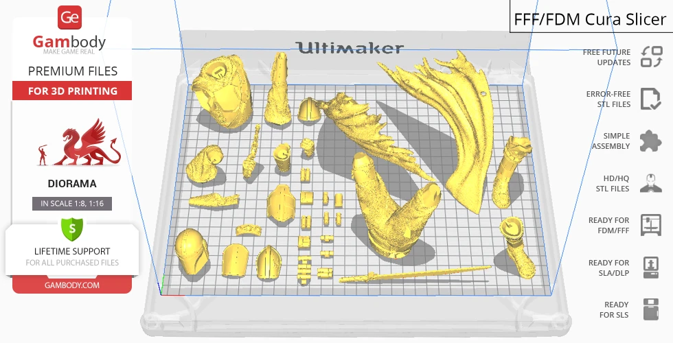 3D model parts of The Mandalorian and Grogu, displayed for printing on a grid platform.