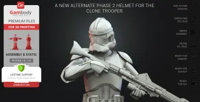 A detailed 3D model of a Clone Trooper with an alternate Phase 2 helmet, designed for 3D printing.