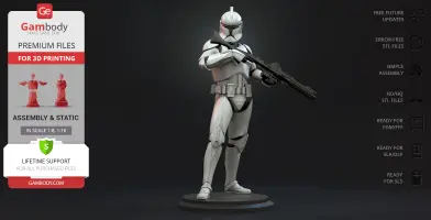 A detailed 3D model of a Clone Trooper holding a weapon, ready for 3D printing.