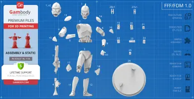 Clone Trooper 3D model parts on blueprint for assembly and printing.