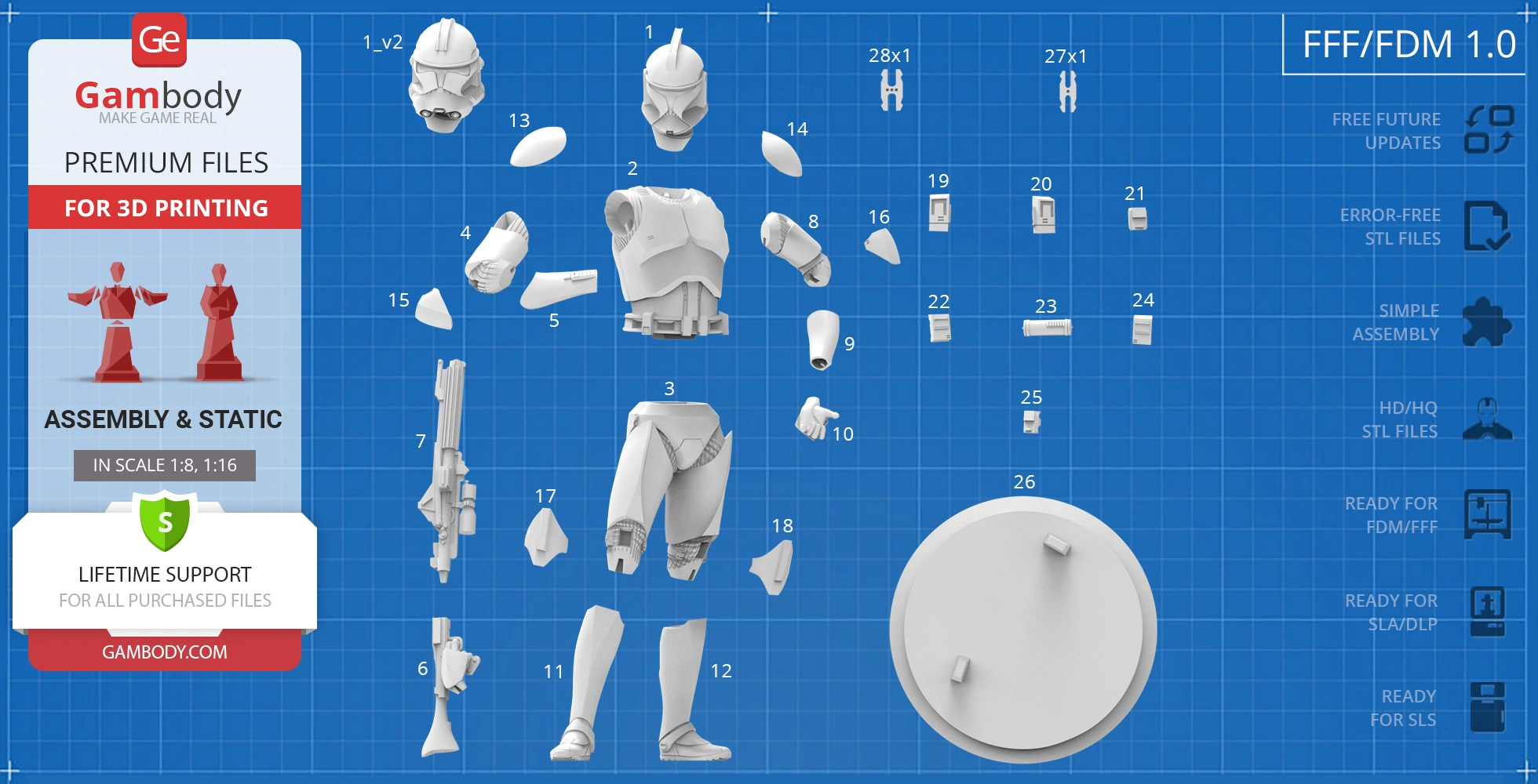 Clone Trooper 3D model parts on blueprint for assembly and printing.