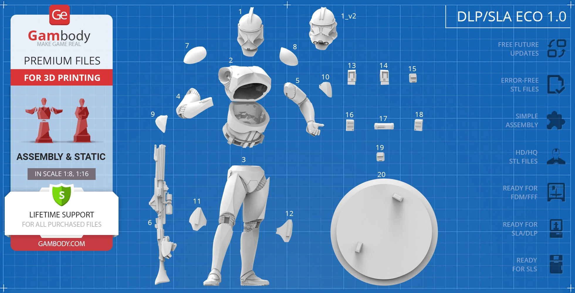 3D printable Clone Trooper model parts on blueprint: helmet, torso, limbs, rifle, and base.