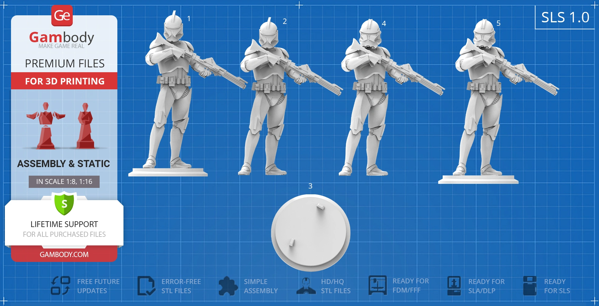 Five Clone Trooper 3D models with rifles on blue grid, for printing. Base and details shown.