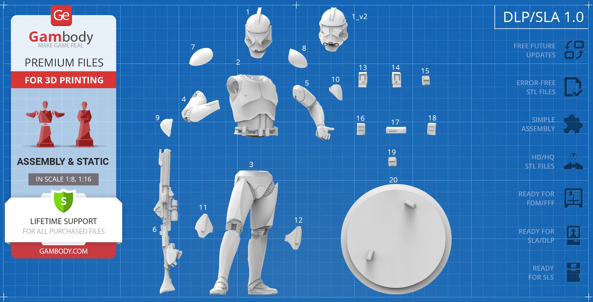 Clone Trooper 3D print parts labeled on a blueprint-style background for assembly.