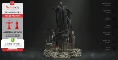 A dark, ghostly figure with tattered robes hovers over a detailed castle base, designed for 3D printing.