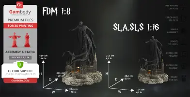 A dark hooded figure hovering over a castle model, displayed with dimensions for 3D printing.