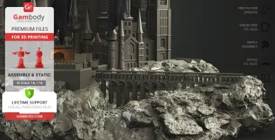 A detailed 3D printed model of a castle surrounded by rocky terrain, ready for assembly.