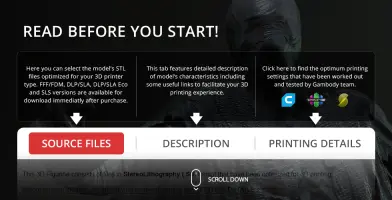 Banner with 3D printing instructions and tabs for source files, description, and printing details.