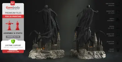 A 3D model of two cloaked figures hovering over a castle-like structure, designed for 3D printing.