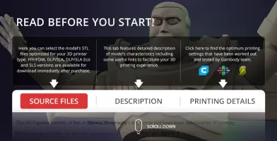 Buzz Lightyear 3D model preview with options for source files, description, and printing details on Gambody.