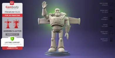 3D model of a space ranger character with raised hand, standing on a base, suited for 3D printing.