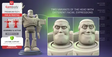 3D model of Buzz Lightyear for printing, featuring two head variants with different expressions.