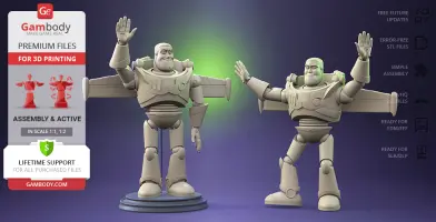 Two 3D printable models of Buzz Lightyear with raised arms on display.