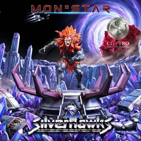 A fierce, muscular creature with wild orange hair stands on a futuristic base adorned with spikes.