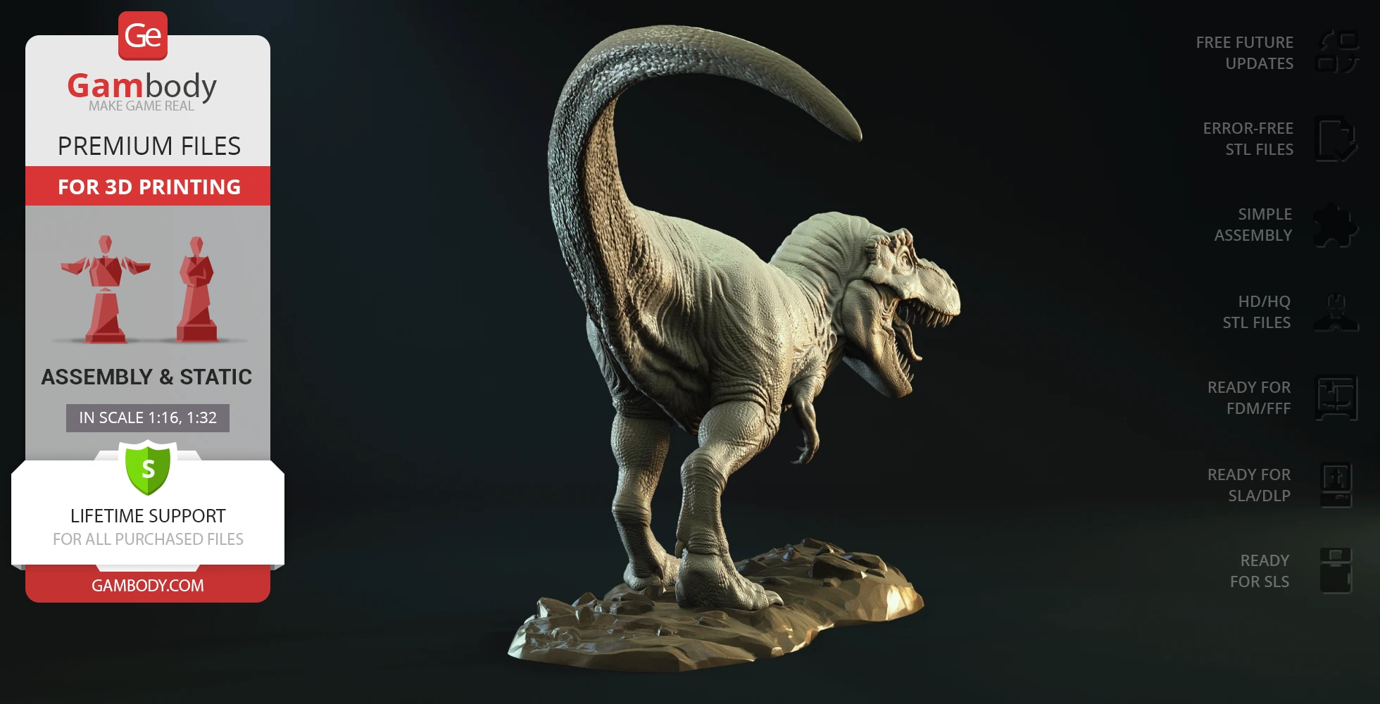 A detailed 3D model of a roaring Tyrannosaurus Rex on a rocky base, suitable for 3D printing.