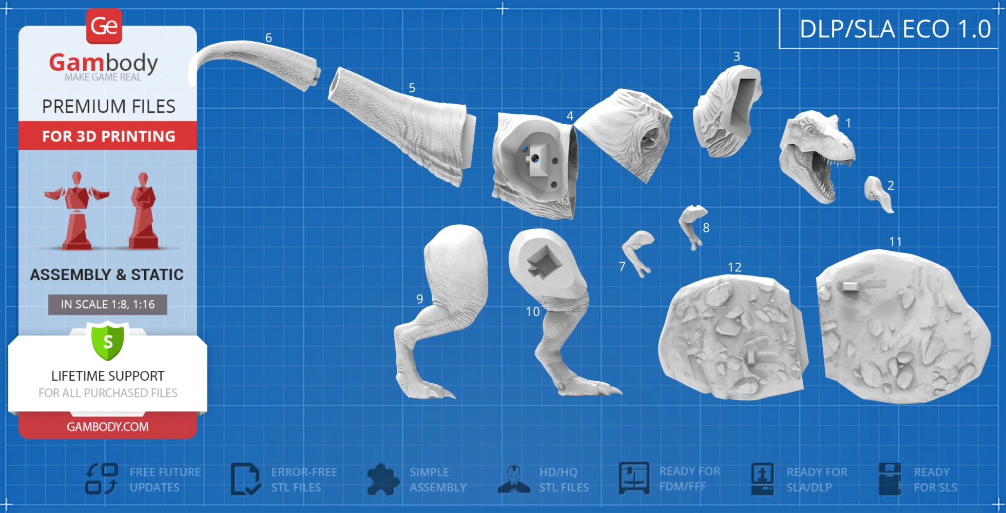 Tyrannosaurus Rex 3D print model, showing separate parts for assembly on blue grid background.