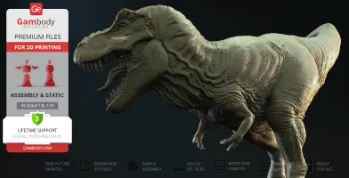 A detailed 3D model of a roaring Tyrannosaurus Rex for 3D printing, shown in a side profile.