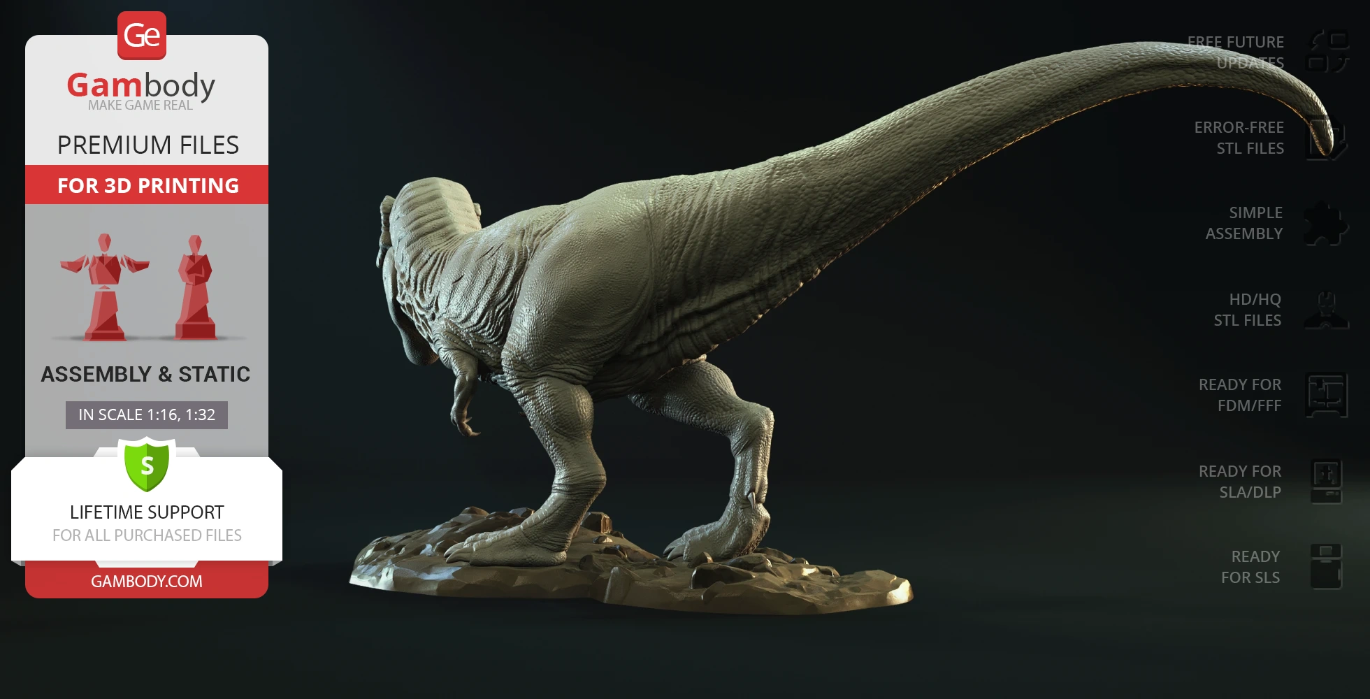 3D model of a detailed Tyrannosaurus Rex standing on a textured base, designed for 3D printing.