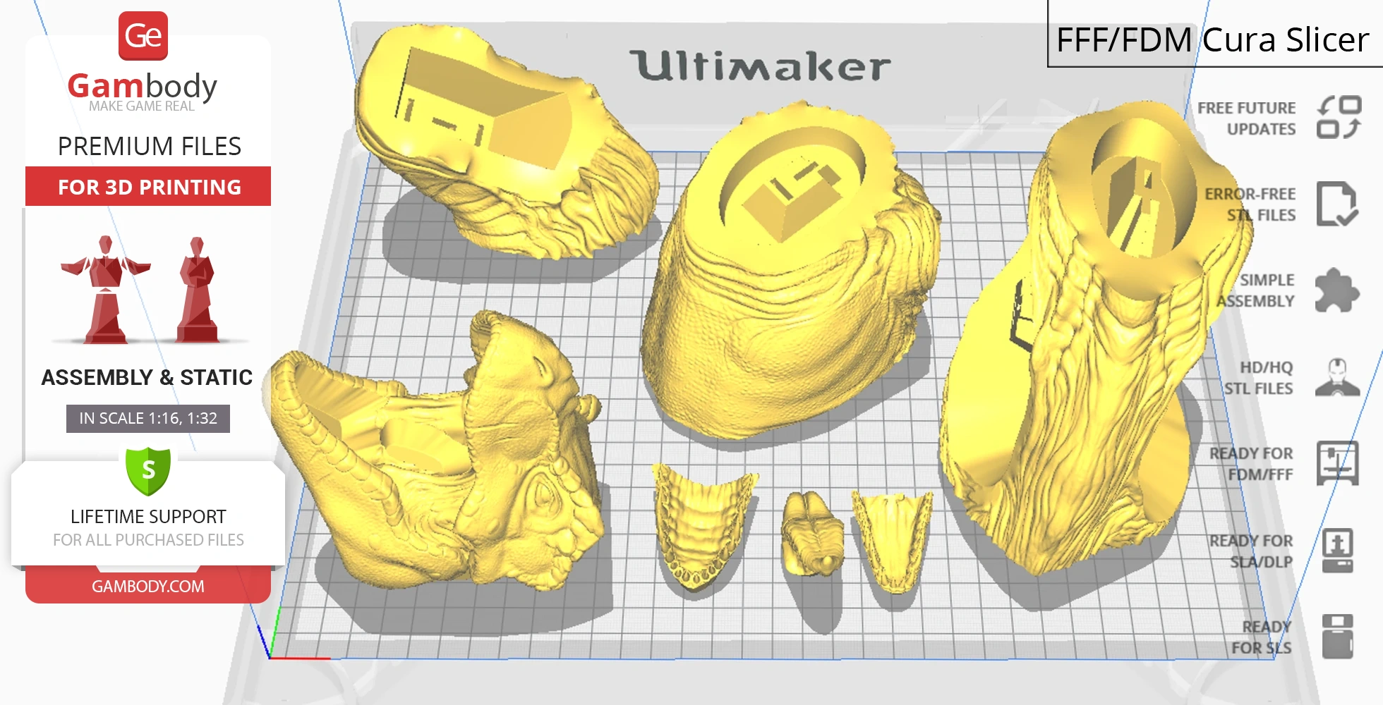 Five 3D-printed yellow Tyrannosaurus Rex parts displayed on a grid.