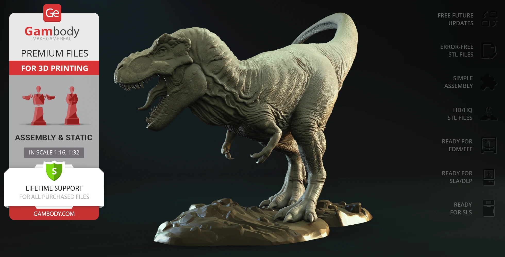 Realistic T-Rex 3D model for printing, posed on a rocky base.