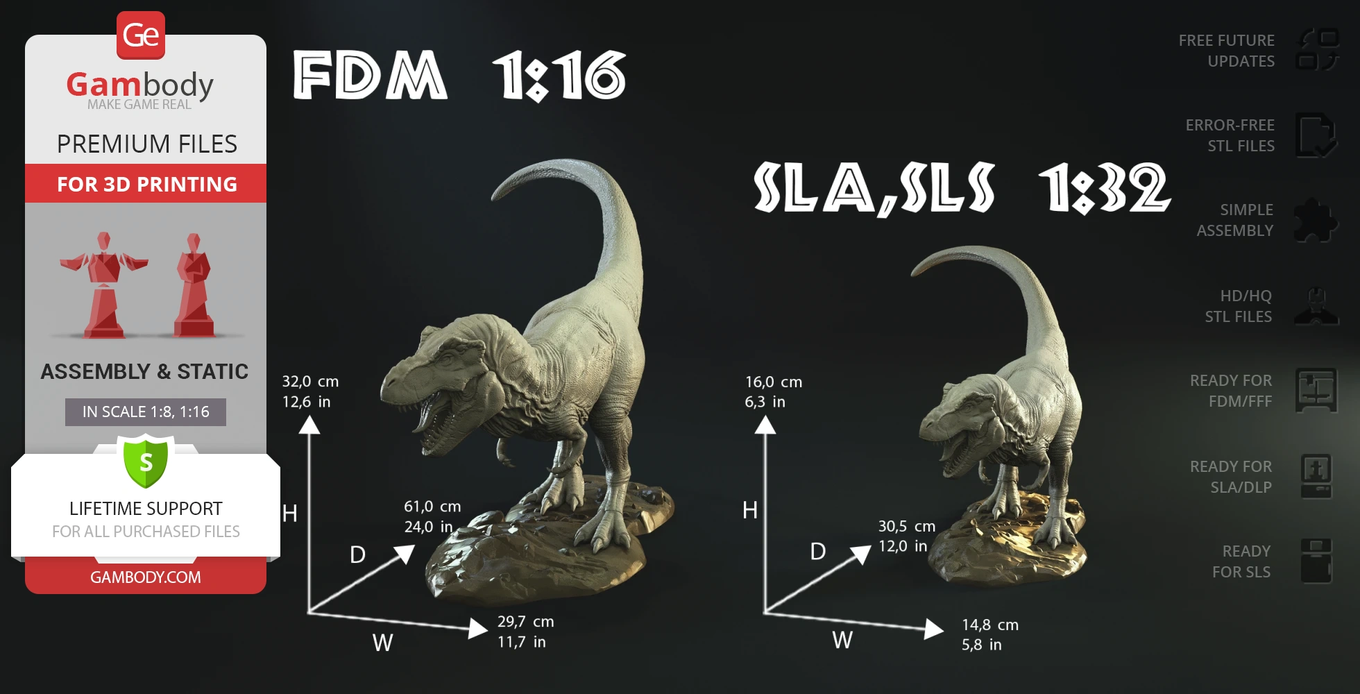 A detailed 3D model of a Tyrannosaurus Rex on a base, with dimensions for 3D printing in two scales.