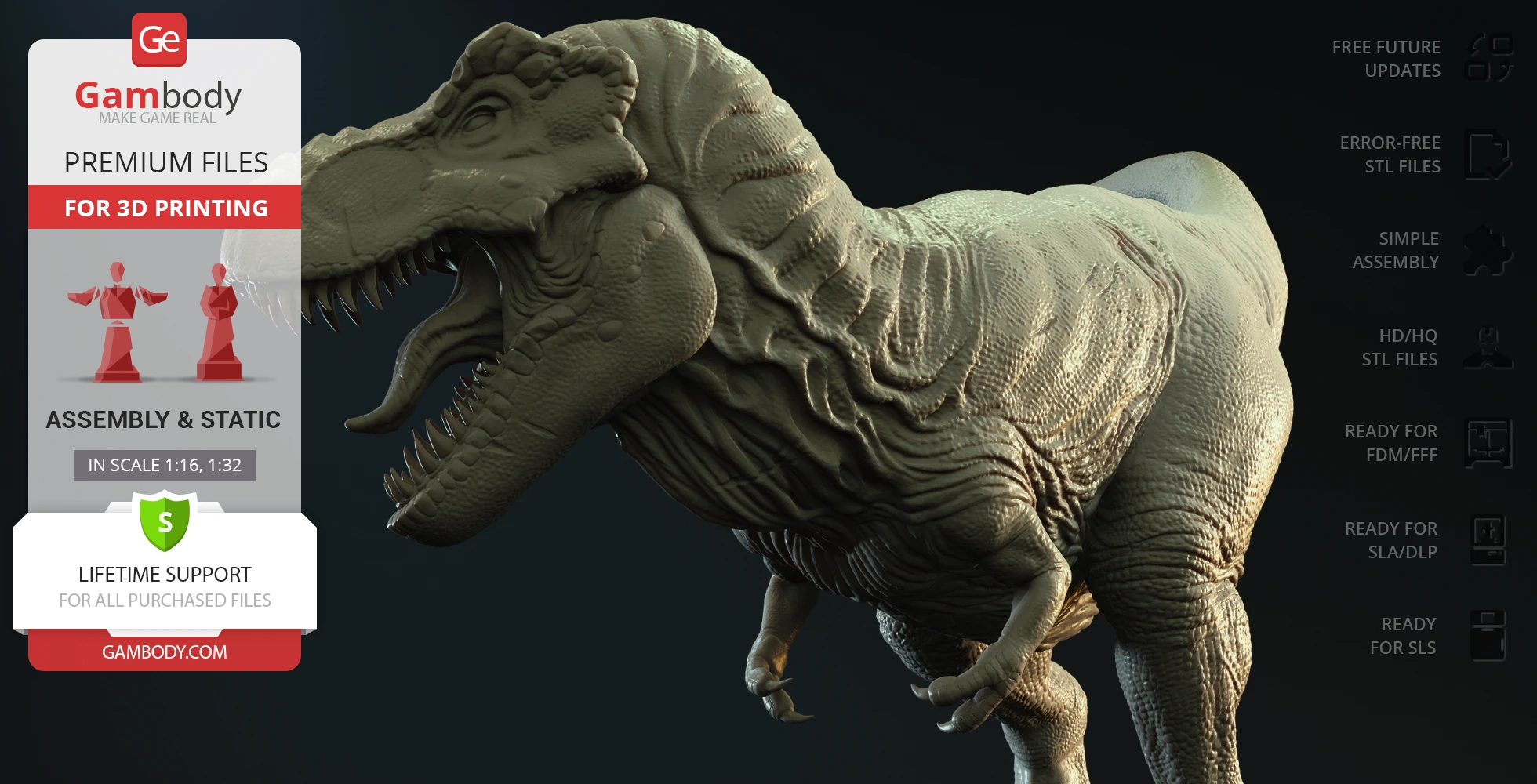3D model of a detailed Tyrannosaurus Rex for printing, showcasing textures and open mouth.