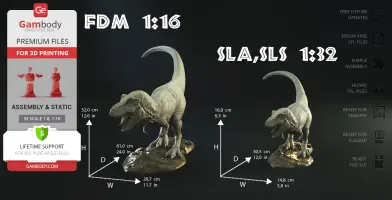 A detailed 3D model of a Tyrannosaurus Rex on a base, with dimensions for 3D printing in two scales.