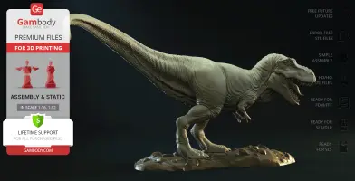 Realistic 3D model of a Tyrannosaurus Rex standing on a textured base for 3D printing.