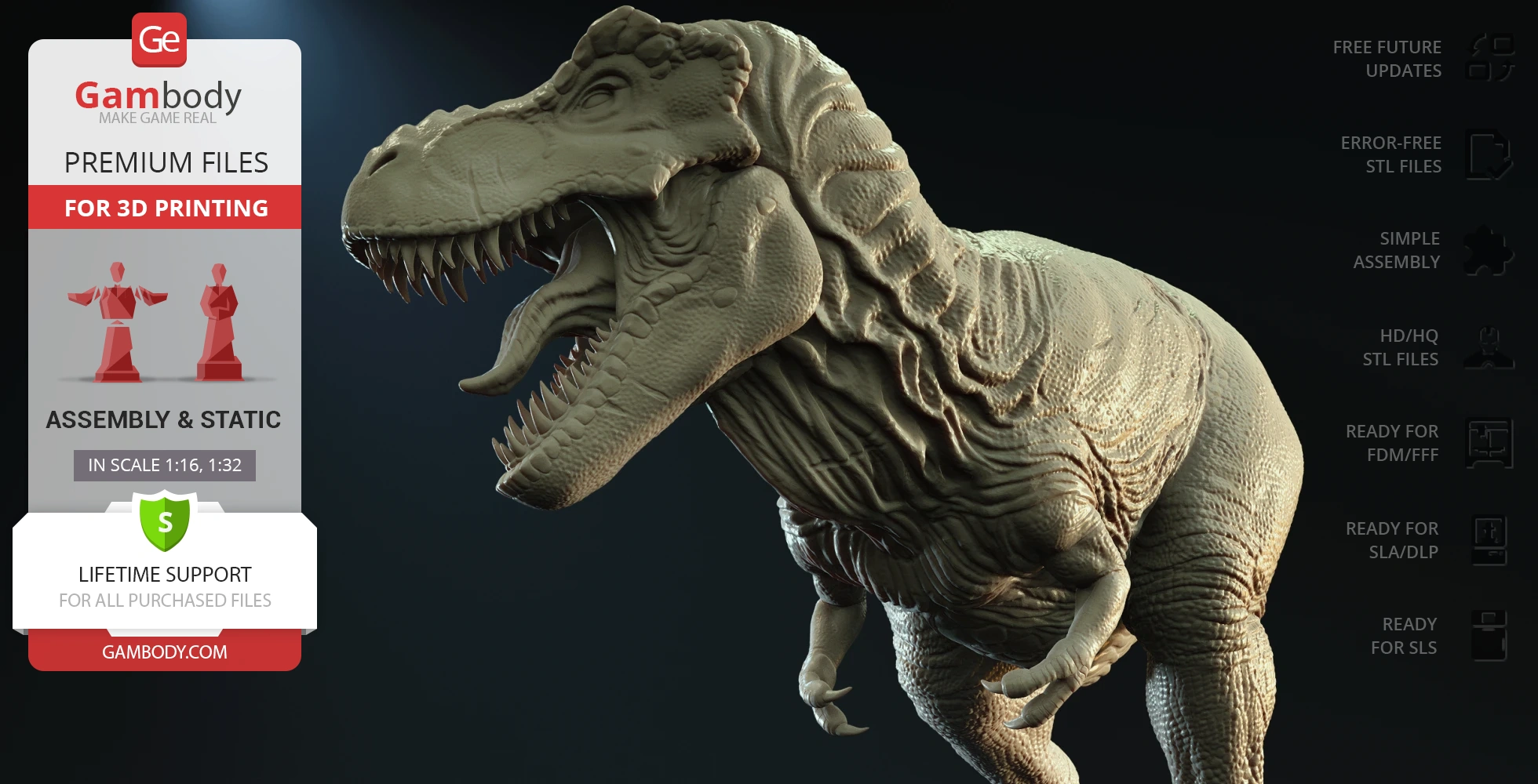 A detailed 3D model of a roaring Tyrannosaurus Rex, designed for 3D printing.