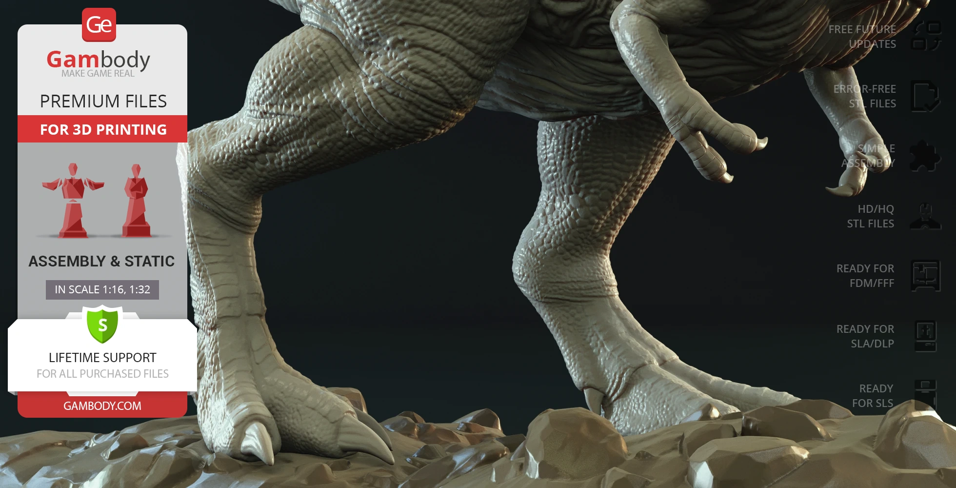 Close-up of a detailed Tyrannosaurus Rex model for 3D printing, highlighting the legs and claws.