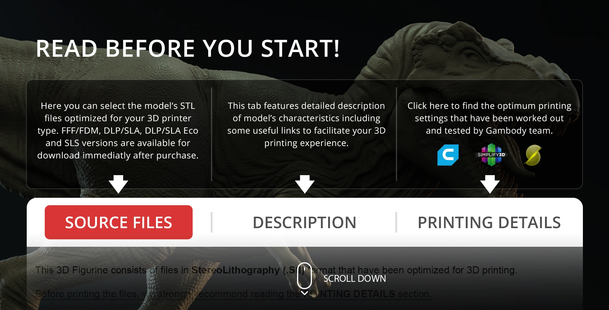 Tyrannosaurus Rex 3D printing guide with sections for source files, description, and printing details.