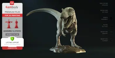 Realistic 3D model of a roaring Tyrannosaurus Rex for 3D printing, displayed on a rocky base.