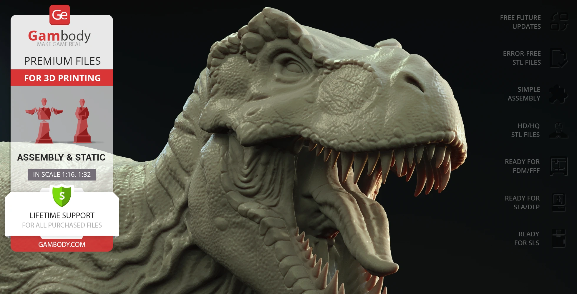 Detailed 3D model of a roaring Tyrannosaurus Rex, suitable for 3D printing.
