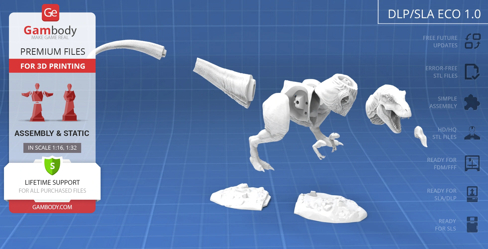Tyrannosaurus Rex 3D printable model, segmented for assembly on a blue grid background.
