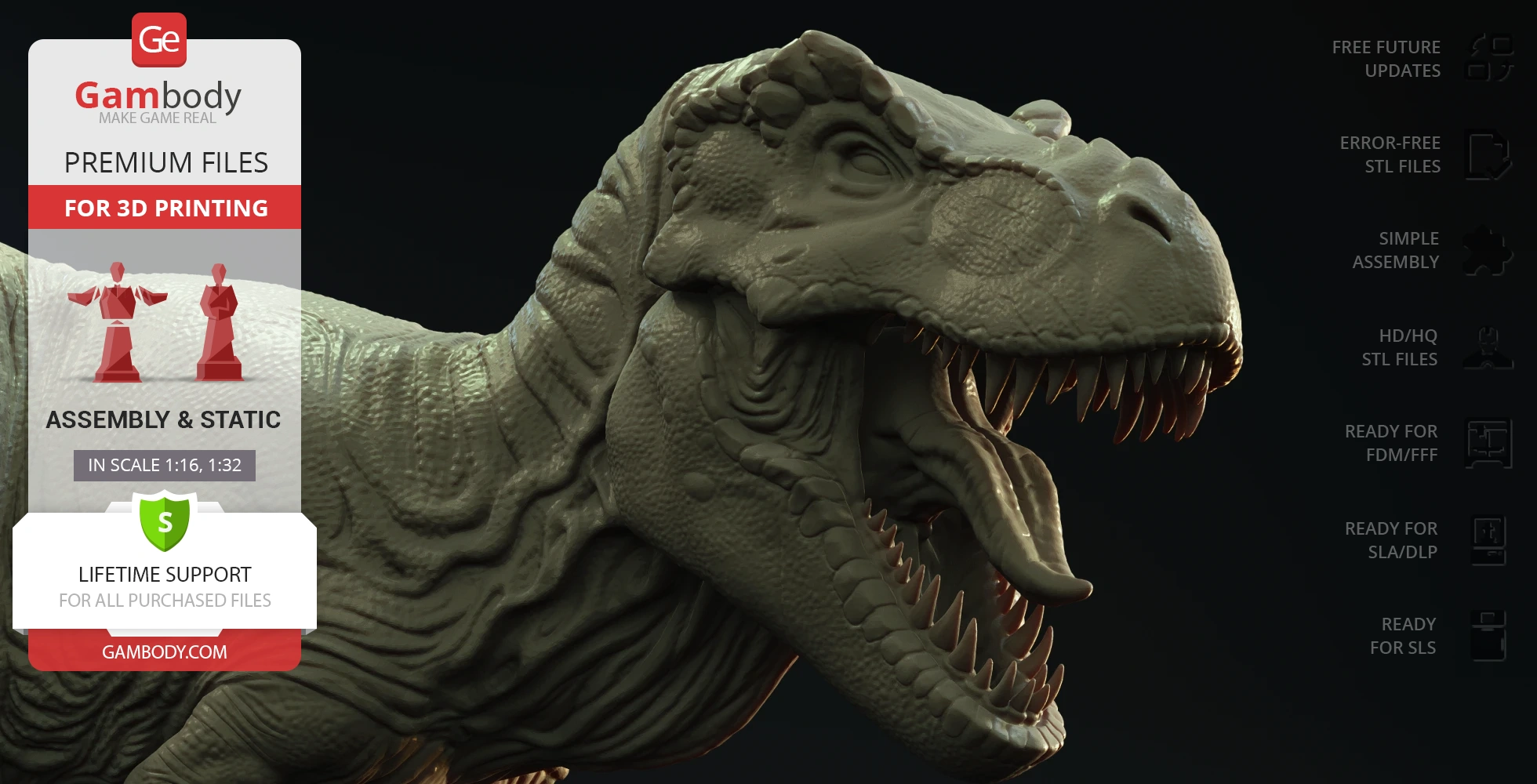 3D rendering of a roaring Tyrannosaurus Rex for printing, highlighting detailed skin texture and sharp teeth.
