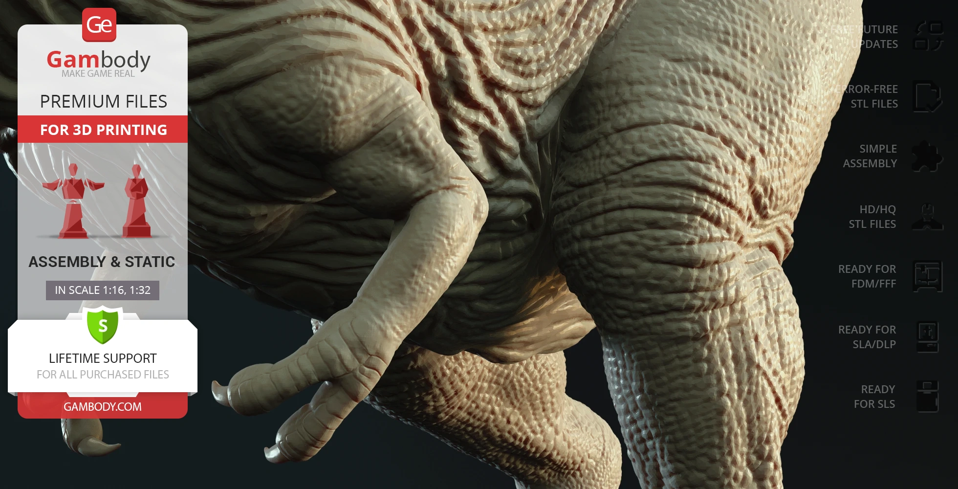Close-up of a textured T-Rex skin with claws, showcasing 3D printing details and options from Gambody.